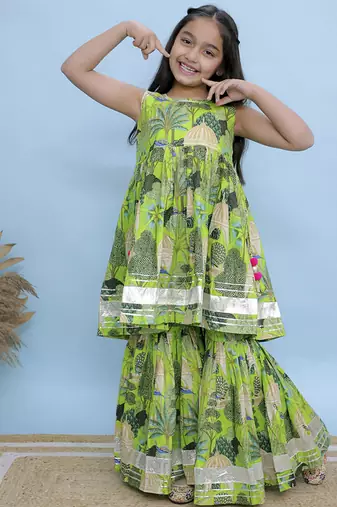 Green printed cotton girls Sharara