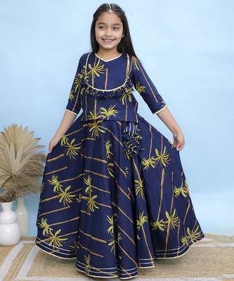 Blue printed cotton girls lehenga 1