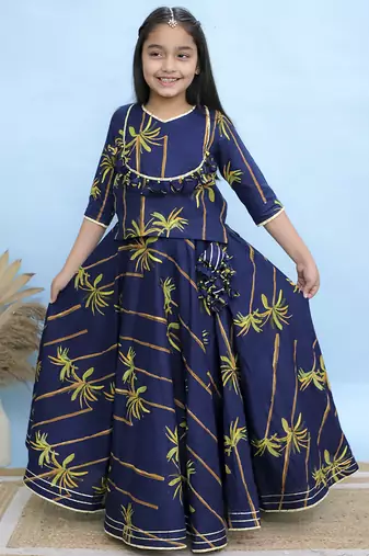Blue printed cotton girls lehenga