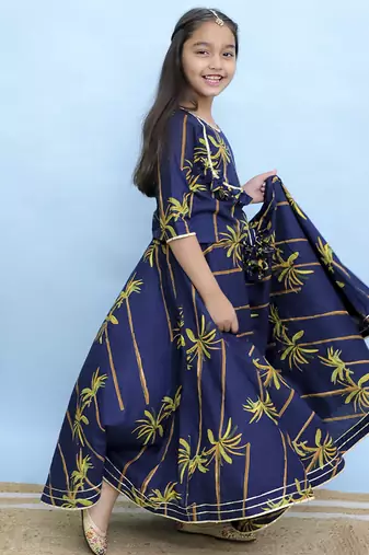 Blue printed cotton girls lehenga