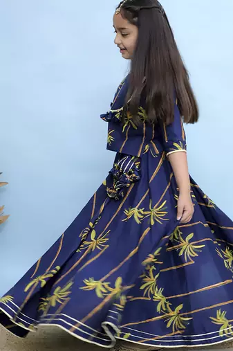 Blue printed cotton girls lehenga