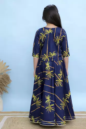 Blue printed cotton girls lehenga