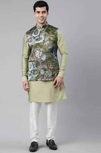 Floral print jacket with green short kurta