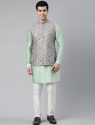 Jade green pashmina print jacket with solid green short kurta set 1