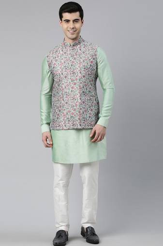Jade green pashmina print jacket with solid green short kurta set