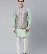 Jade green pashmina print jacket with solid green short kurta set