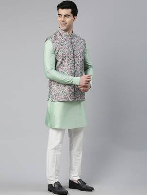 Jade green pashmina print jacket with solid green short kurta set 3