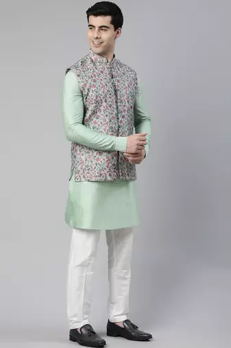 Jade green pashmina print jacket with solid green short kurta set
