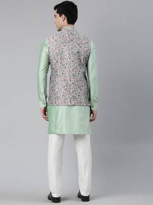 Jade green pashmina print jacket with solid green short kurta set 4