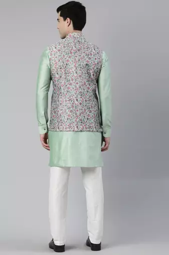 Jade green pashmina print jacket with solid green short kurta set