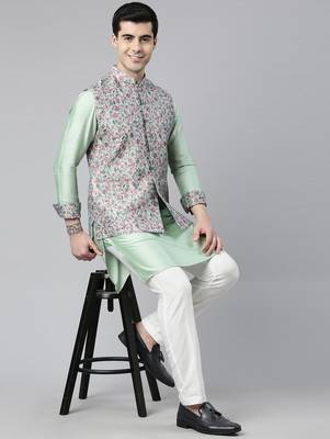 Jade green pashmina print jacket with solid green short kurta set 5