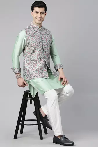 Jade green pashmina print jacket with solid green short kurta set