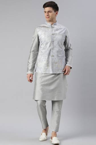 Grey velvet jacket with grey kurta set