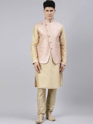 Peach brocade jacket with gold kurta 1