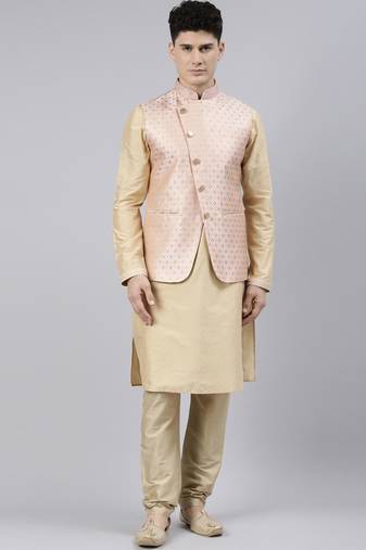 Peach brocade jacket with gold kurta