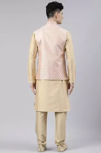 Peach brocade jacket with gold kurta