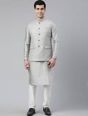 Grey chanderi booti jacket with kurta set 1