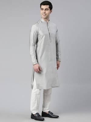 Grey chanderi booti jacket with kurta set 3