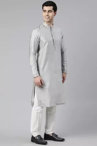Grey chanderi booti jacket with kurta set