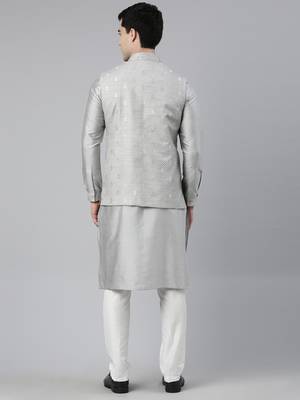 Grey chanderi booti jacket with kurta set 4
