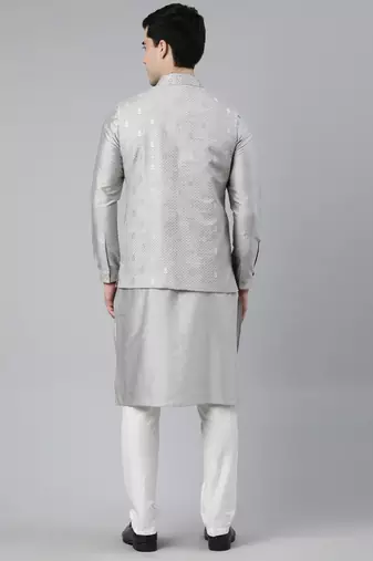 Grey chanderi booti jacket with kurta set