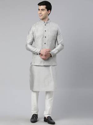 Grey chanderi booti jacket with kurta set 5