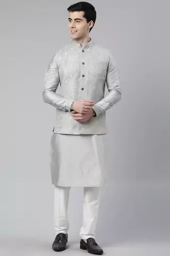 Grey chanderi booti jacket with kurta set