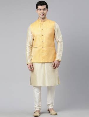 Mustard geometric jacquard jacket with kurta set 1