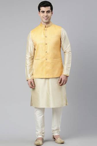 Mustard geometric jacquard jacket with kurta set