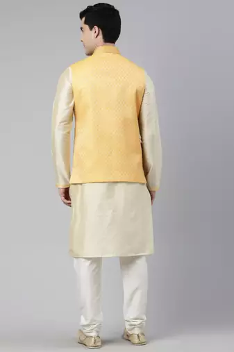 Mustard geometric jacquard jacket with kurta set