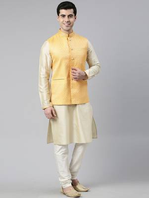 Mustard geometric jacquard jacket with kurta set 5