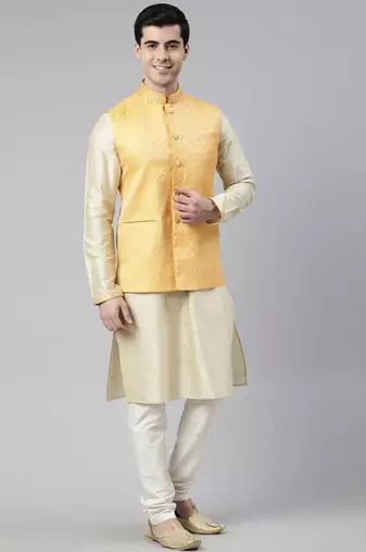 Mustard geometric jacquard jacket with kurta set