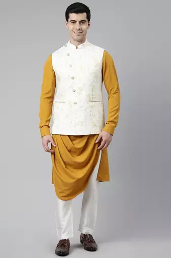 Cream mustard printed jacket with mustard draped kurta
