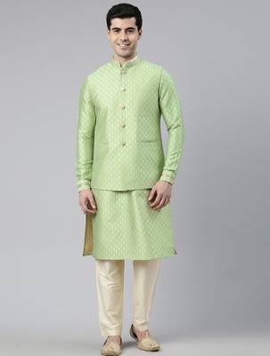 Mint green banarasi jacquard jacket and kurta set 1