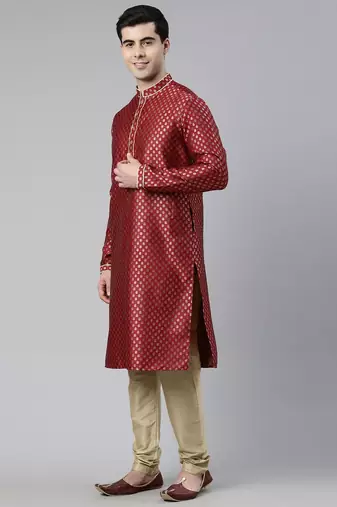 Scarlet red brocade jacket and kurta set