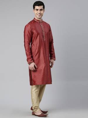 Scarlet red brocade jacket and kurta set 4