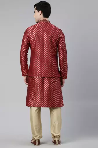 Scarlet red brocade jacket and kurta set