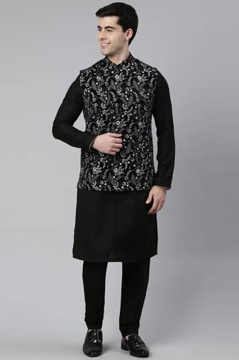 Black velvet embroidered jacket with black kurta