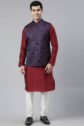 Navy maroon jacquard jacket with maroon kurta