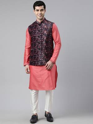 Midnight blue velvet  pashmina printed  jacket with pink kurta 1