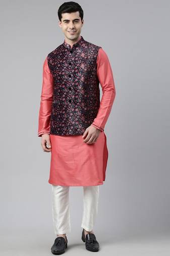 Midnight blue velvet  pashmina printed  jacket with pink kurta