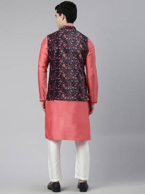 Midnight blue velvet  pashmina printed  jacket with pink kurta 5