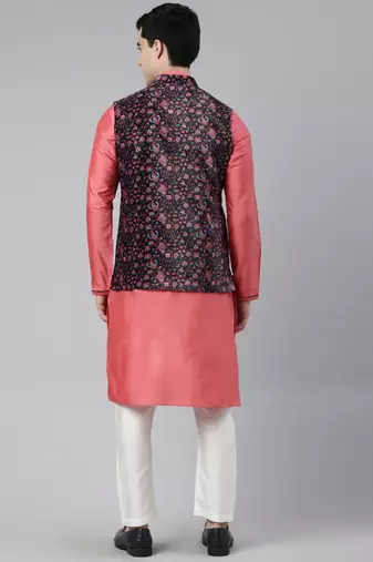 Midnight blue velvet  pashmina printed  jacket with pink kurta