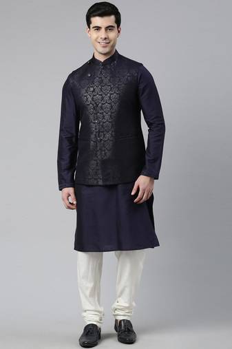 Midnight blue jacquard jacket with navy kurta