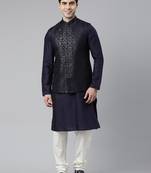 Midnight blue jacquard jacket with navy kurta