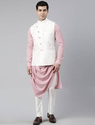 Cream pink printed jacket with pink draped kurta 1