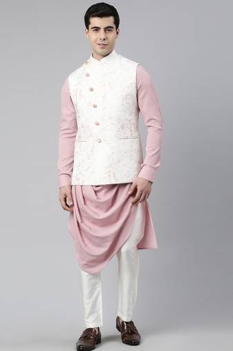 Cream pink printed jacket with pink draped kurta