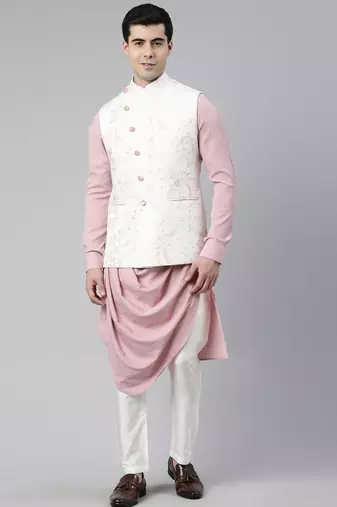 Cream pink printed jacket with pink draped kurta