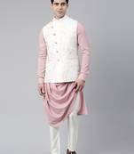 Cream pink printed jacket with pink draped kurta