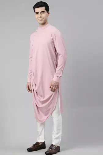 Cream pink printed jacket with pink draped kurta